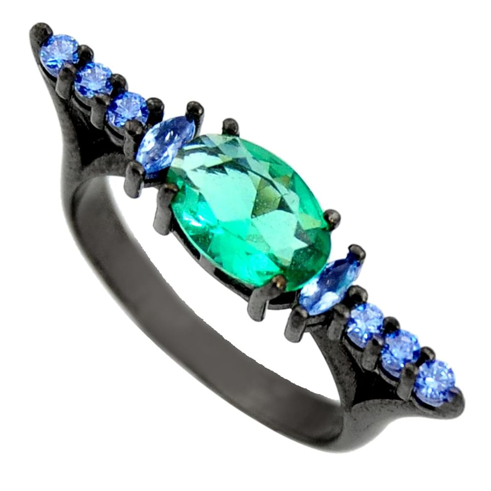 3.17cts black rhodium green emerald (lab) topaz 925 silver ring size 8 c9006