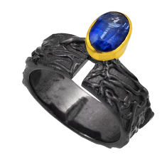 1.42cts black rhodium natural blue kyanite 925 silver gold ring size 5.5 n25807