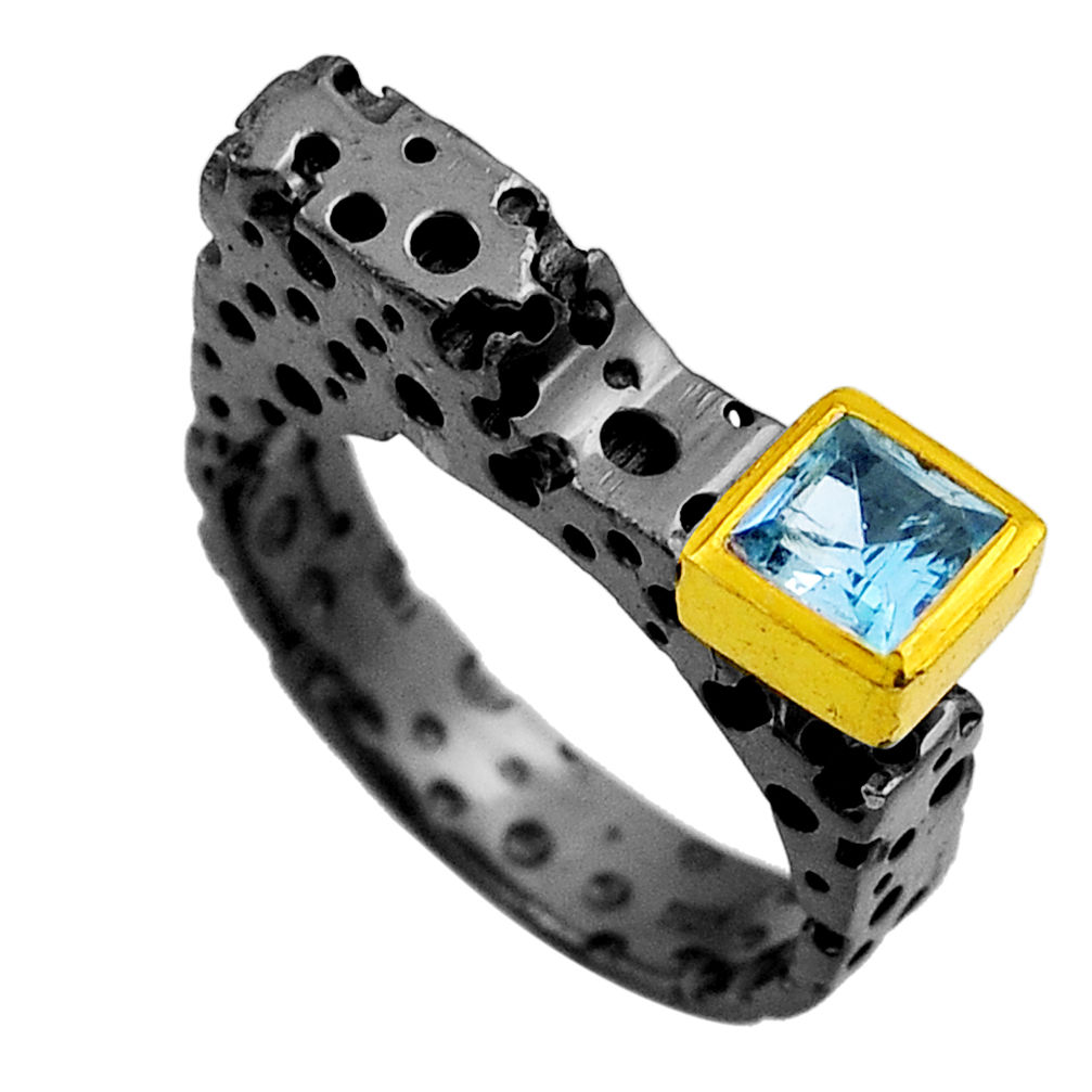 1.15cts black rhodium natural blue topaz square silver gold ring size 8 n25814