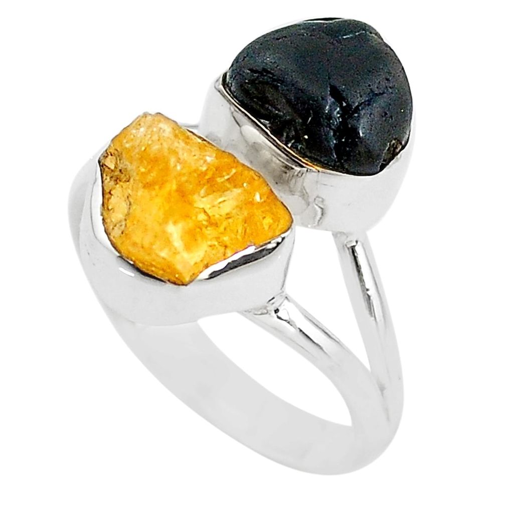 10.78cts black tourmaline rough citrine rough 925 silver ring size 8 t20973