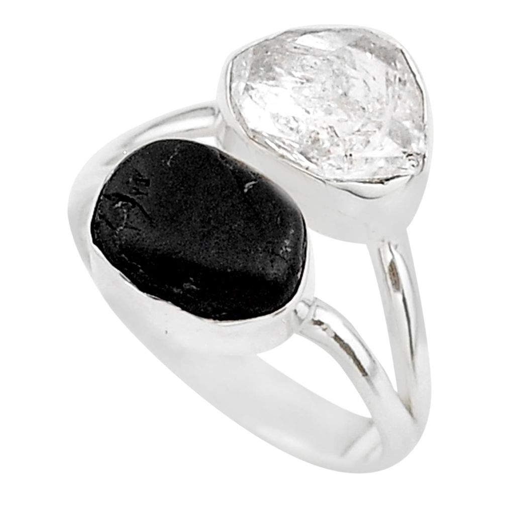 8.32cts black tourmaline raw herkimer diamond 925 silver ring size 7 t21035
