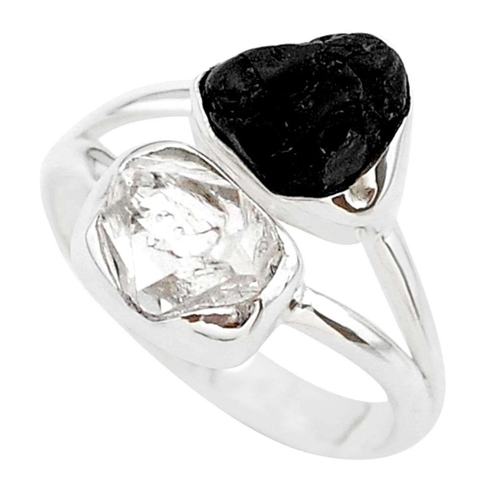 9.59cts black tourmaline raw herkimer diamond 925 silver ring size 8 t21025
