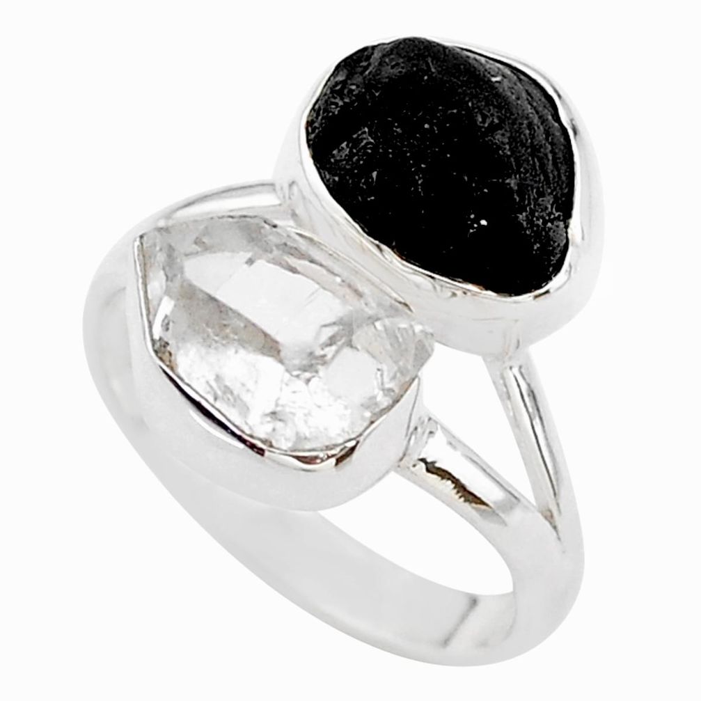 10.31cts black tourmaline raw herkimer diamond 925 silver ring size 8 t21027