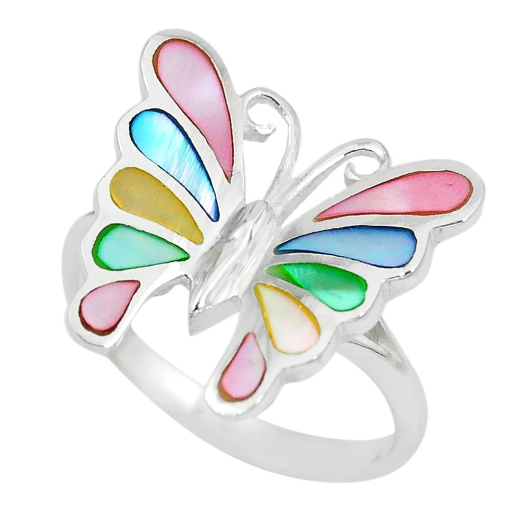 4.89gms blister pearl enamel 925 silver butterfly ring size 8 a88708 c13289