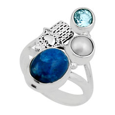 5.92cts blue apatite topaz pearl silver hand of god hamsa ring size 6.5 n12442