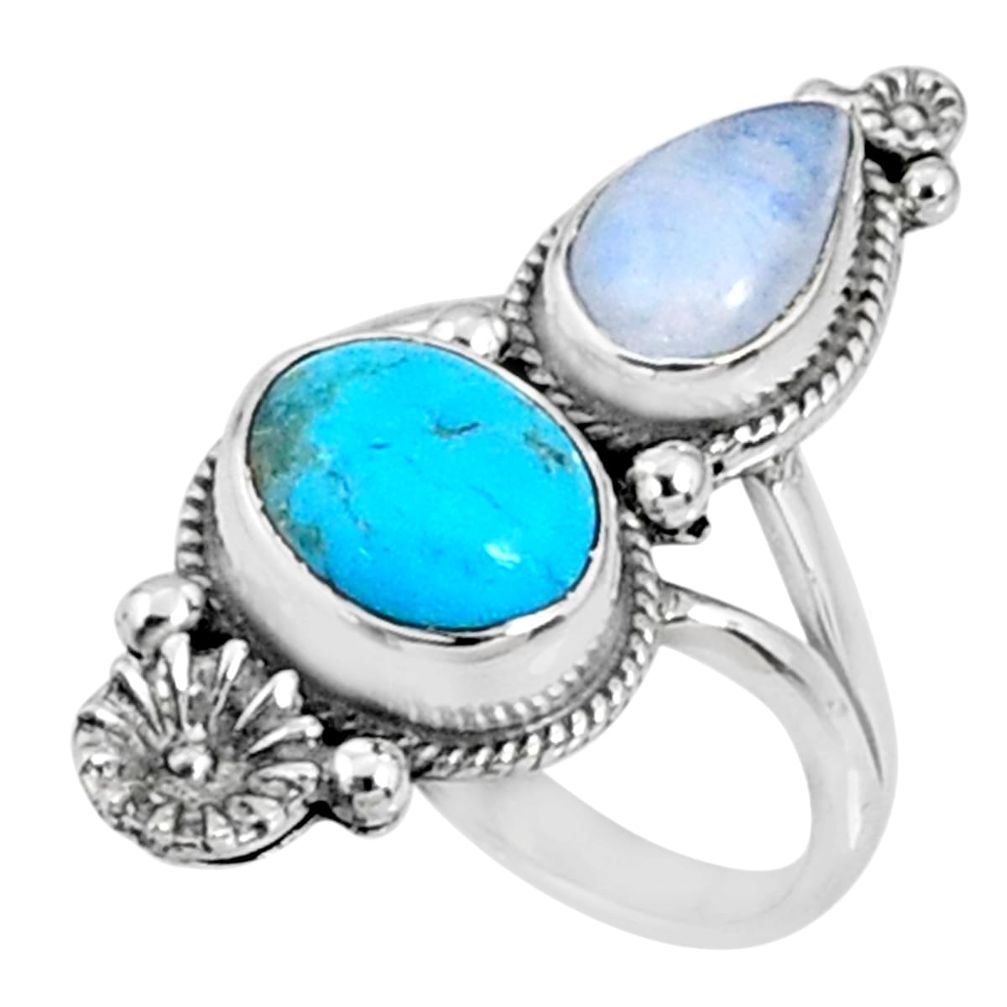 6.76cts blue arizona mohave turquoise moonstone 925 silver ring size 7 r67311