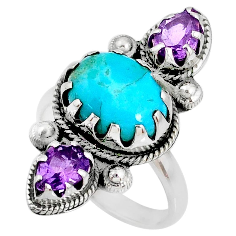 8.42cts blue arizona mohave turquoise oval amethyst silver ring size 9 r67344