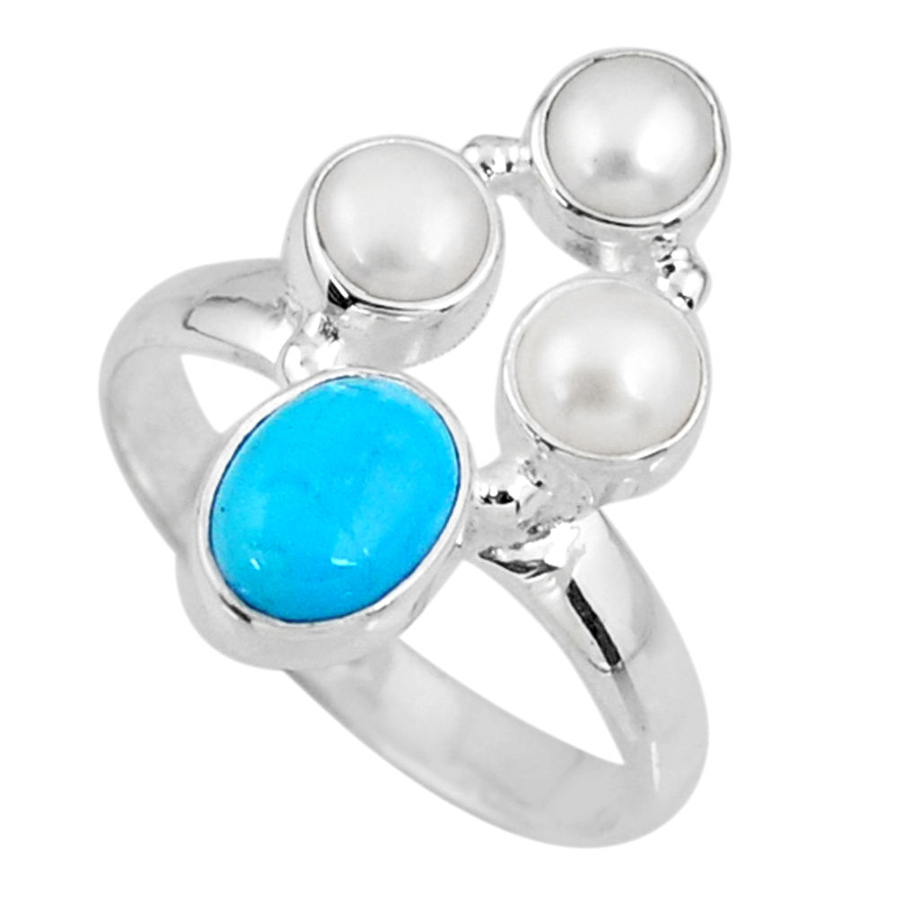 4.70cts blue arizona mohave turquoise pearl 925 silver ring size 9.5 r57543