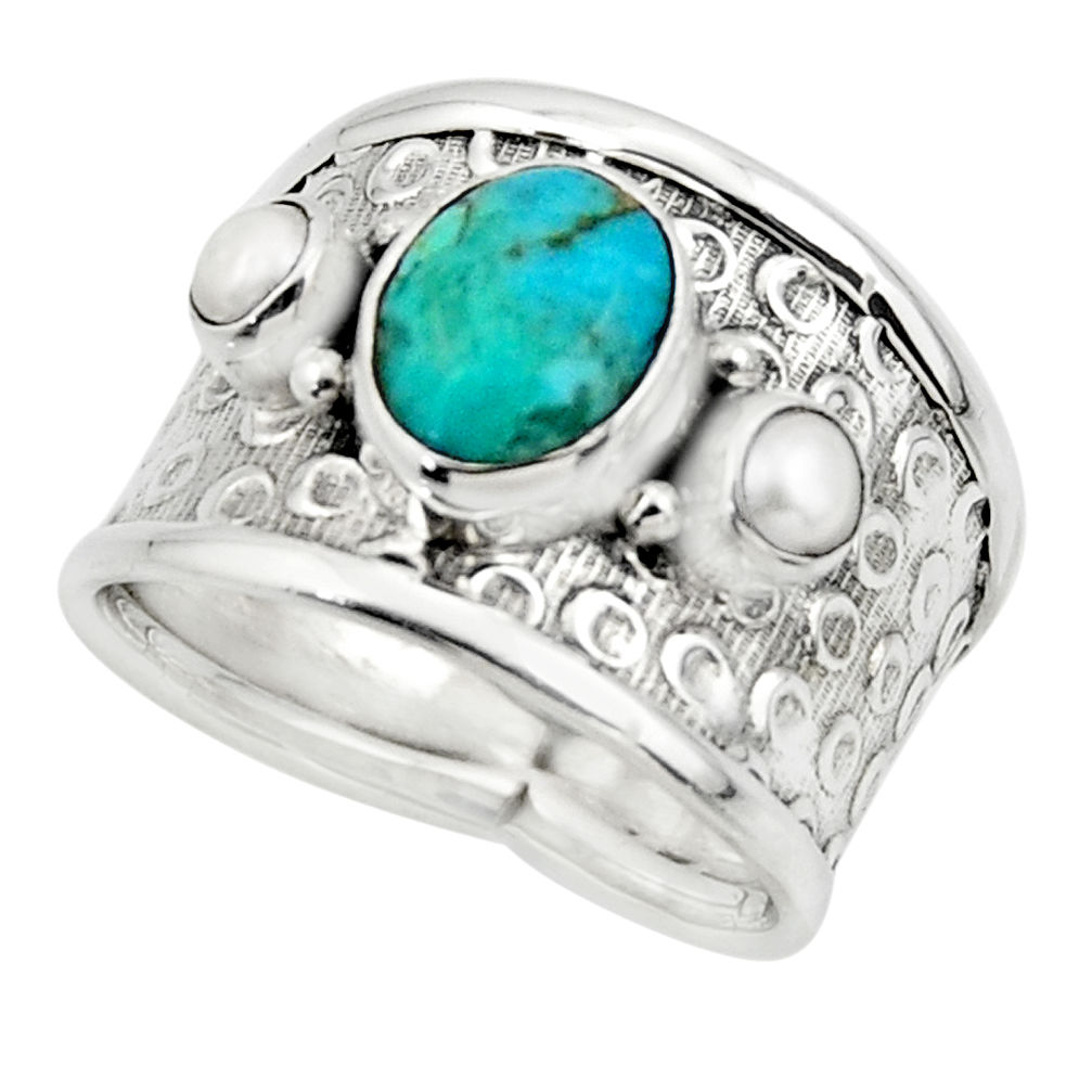4.73cts blue arizona mohave turquoise pearl 925 silver ring size 8 r49918