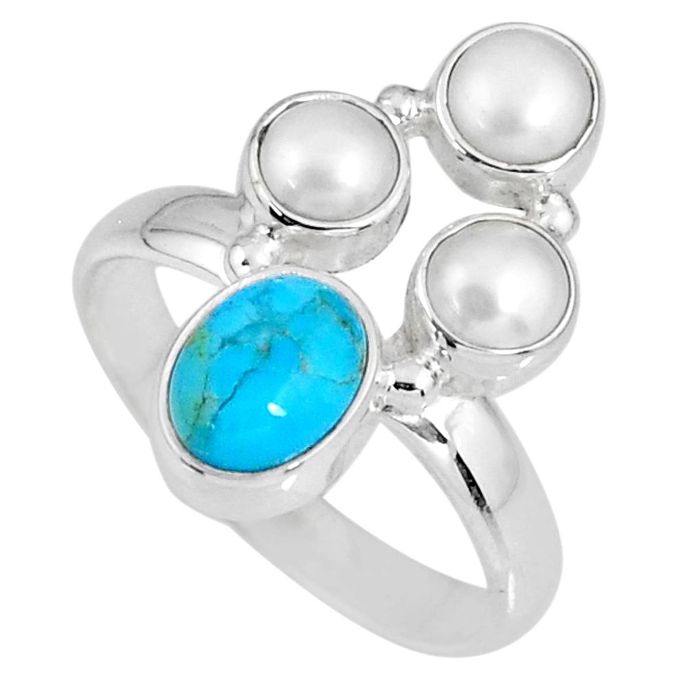 4.93cts blue arizona mohave turquoise pearl silver solitaire ring size 8 r58533