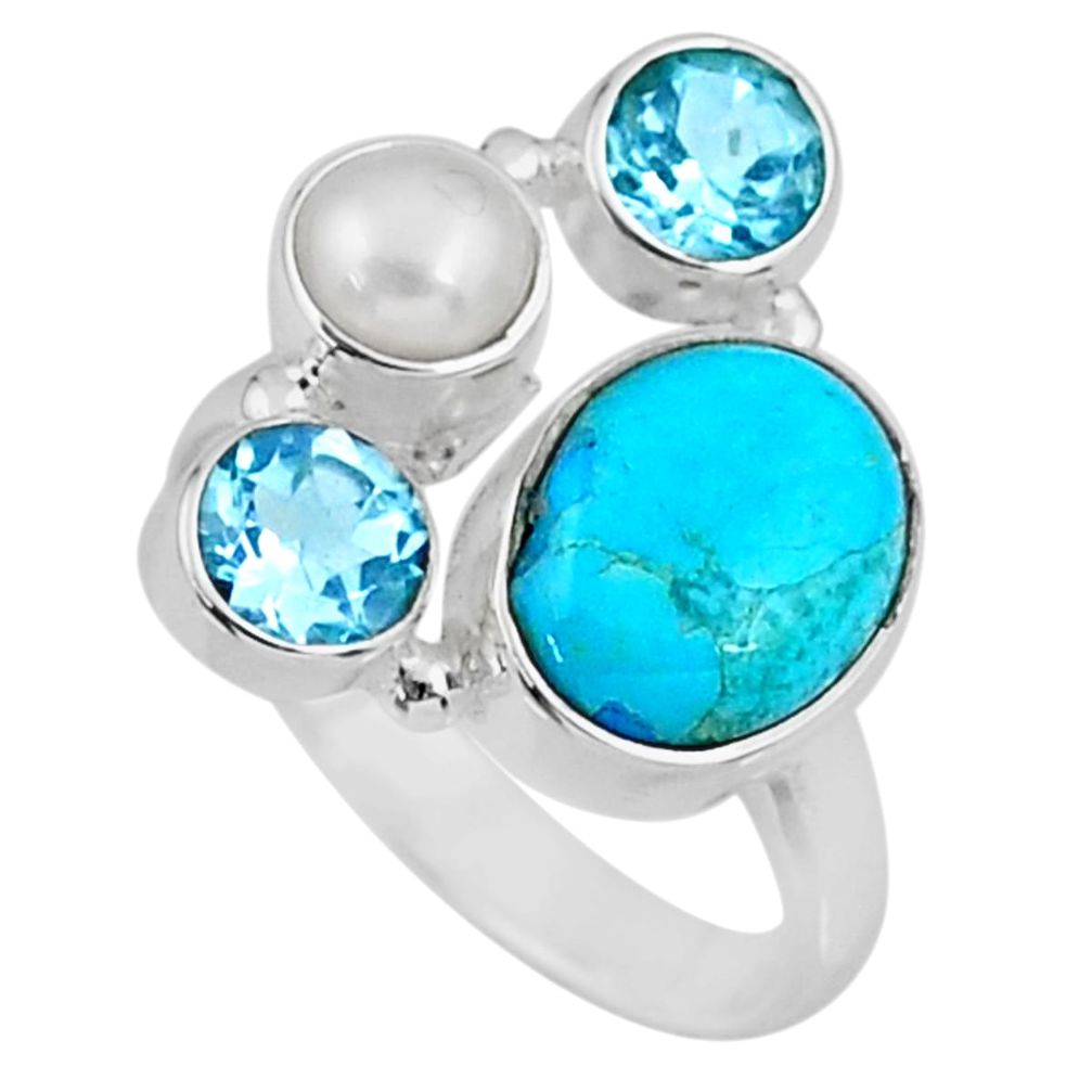 5.63cts blue arizona mohave turquoise topaz pearl 925 silver ring size 7 r57629