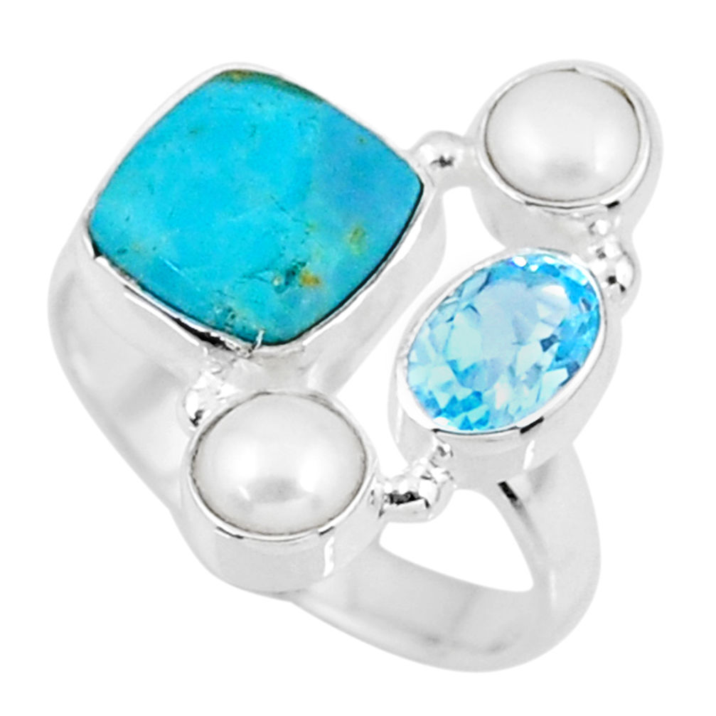 7.53cts blue arizona mohave turquoise topaz pearl 925 silver ring size 8 r57541