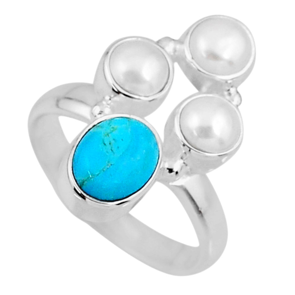 4.69cts blue arizona mohave turquoise white pearl 925 silver ring size 6 r57595