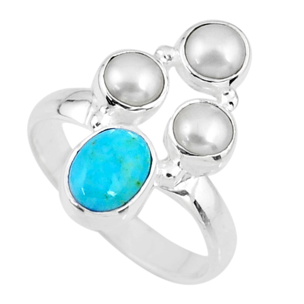4.70cts blue arizona mohave turquoise white pearl 925 silver ring size 8 r57542
