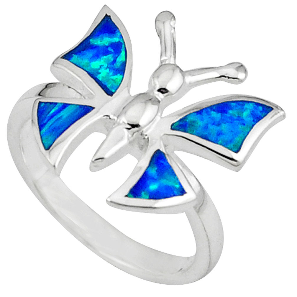 LAB Blue australian opal (lab) 925 silver butterfly ring size 6.5 a41132 c14975