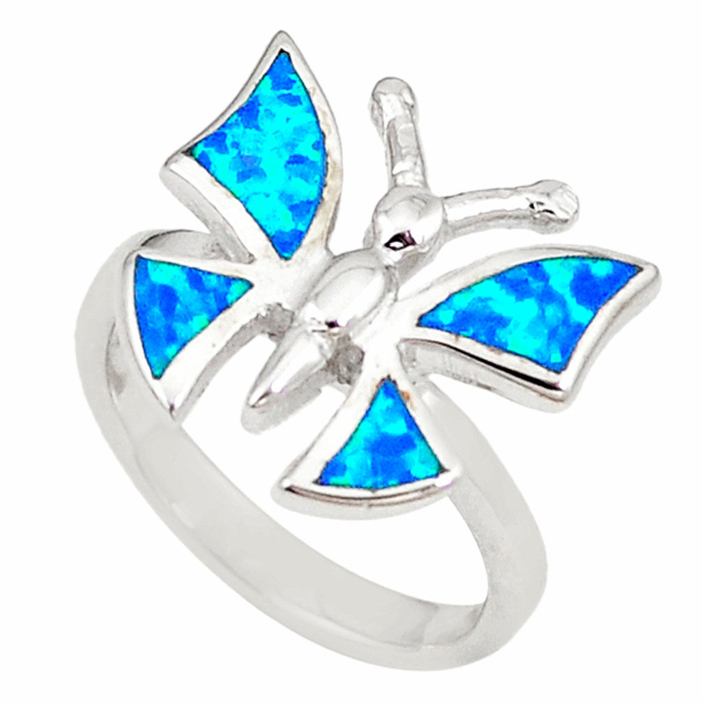 LAB Blue australian opal (lab) 925 silver butterfly ring size 6.5 a73469 c24468