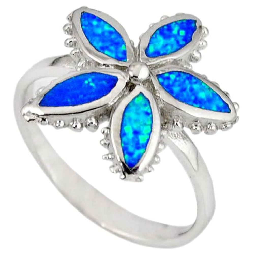 Blue australian opal (lab) 925 silver flower ring jewelry size 7.5 c22984