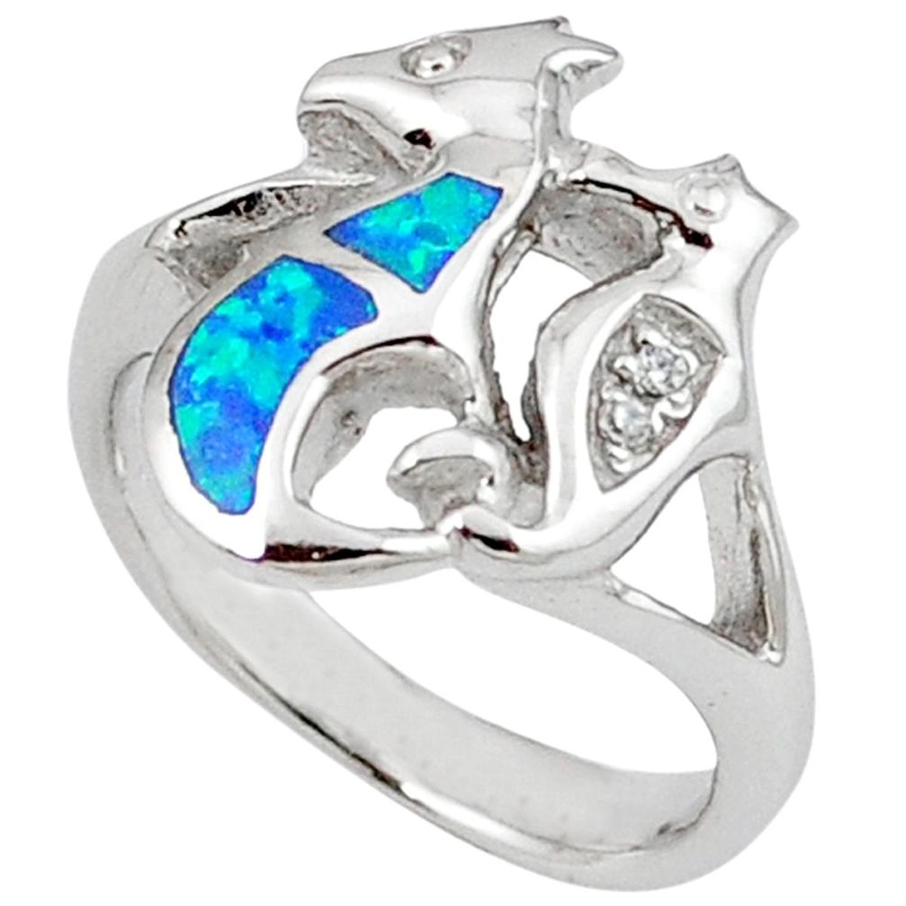 Blue australian opal (lab) 925 silver seahorse ring size 6.5 c15795