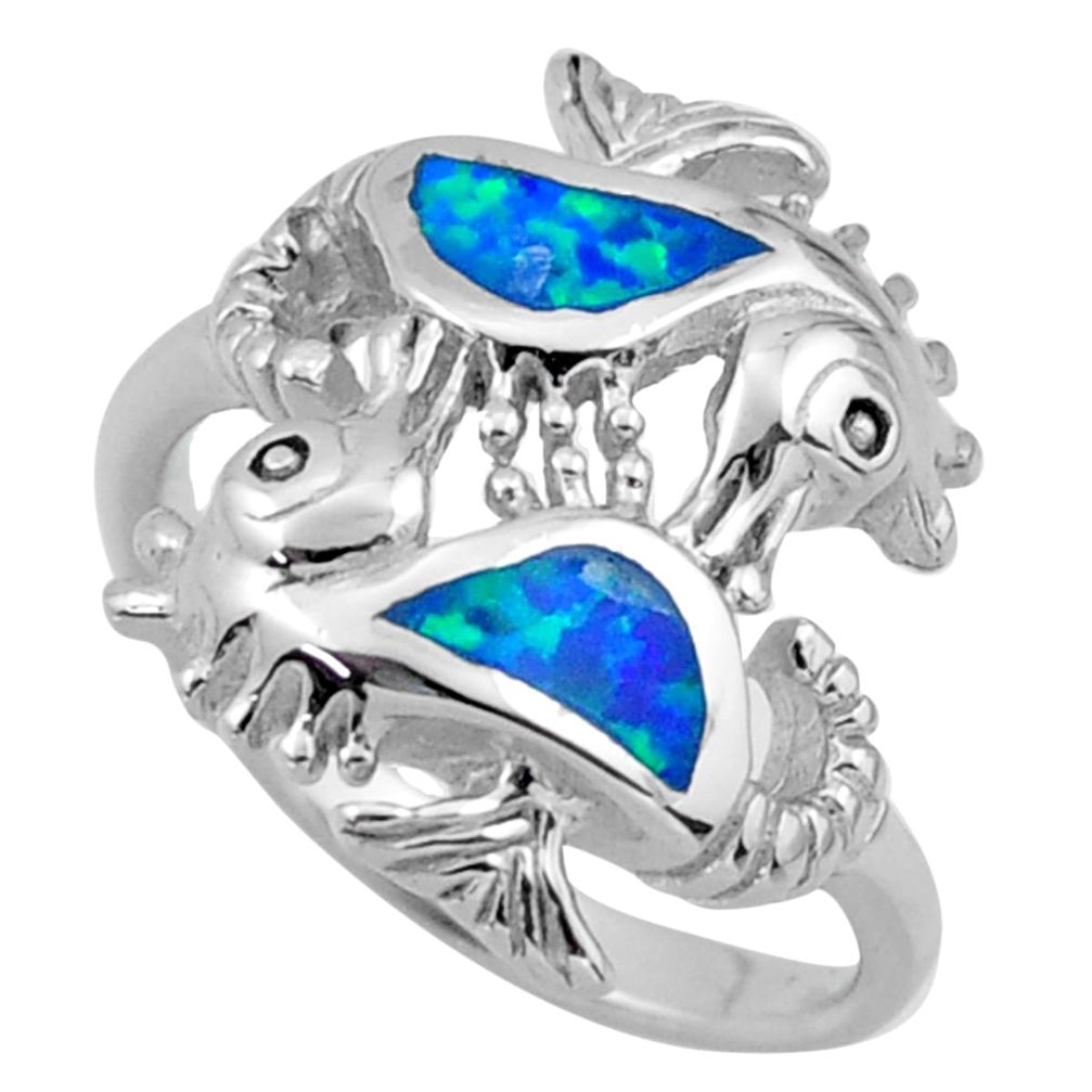 5.69gms blue australian opal (lab) 925 silver seahorse ring size 7.5 c26254