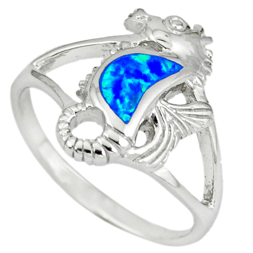 LAB Blue australian opal (lab) 925 silver seahorse ring jewelry size 9 c15799