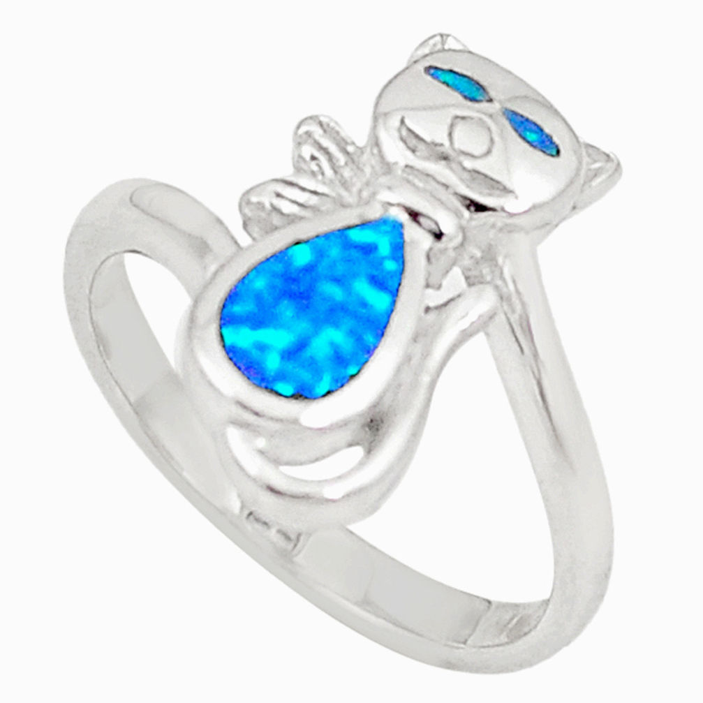 LAB Blue australian opal (lab) 925 sterling silver cat ring size 7.5 a73442 c24436
