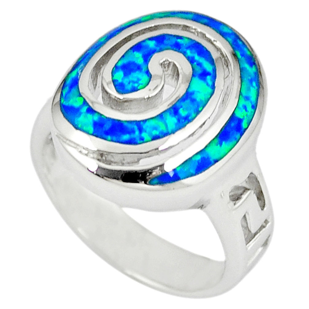 Blue australian opal (lab) 925 sterling silver ring jewelry size 6.5 c15875