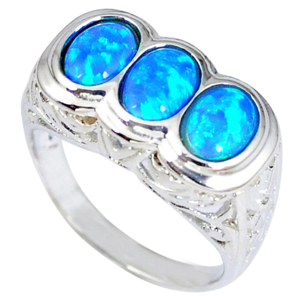 Blue australian opal (lab) 925 sterling silver ring jewelry size 9 c15876