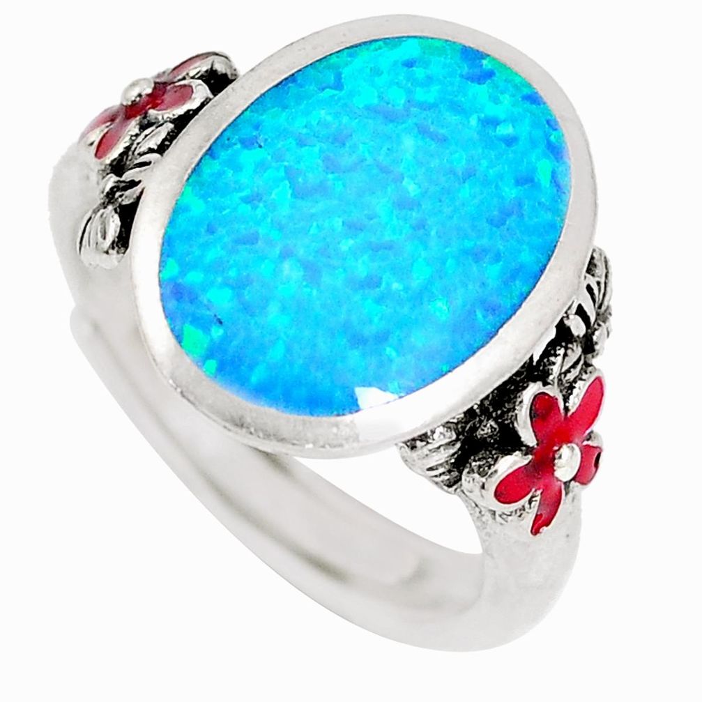 3.28cts blue australian opal (lab) enamel 925 silver ring size 6.5 c22996