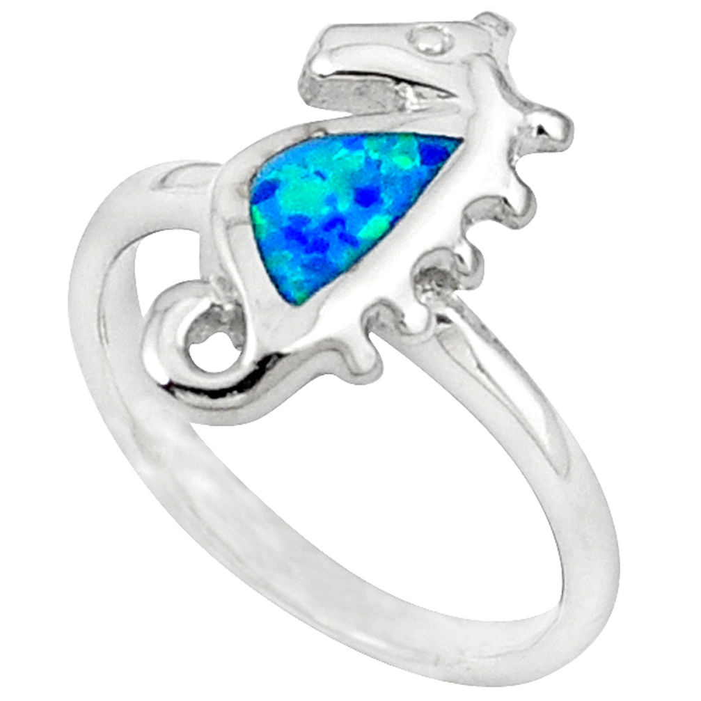 LAB Blue australian opal (lab) enamel 925 silver seahorse ring size 6 c15834