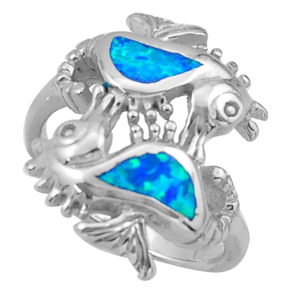 5.26gms blue australian opal (lab) enamel 925 silver seahorse ring size 6 c26246