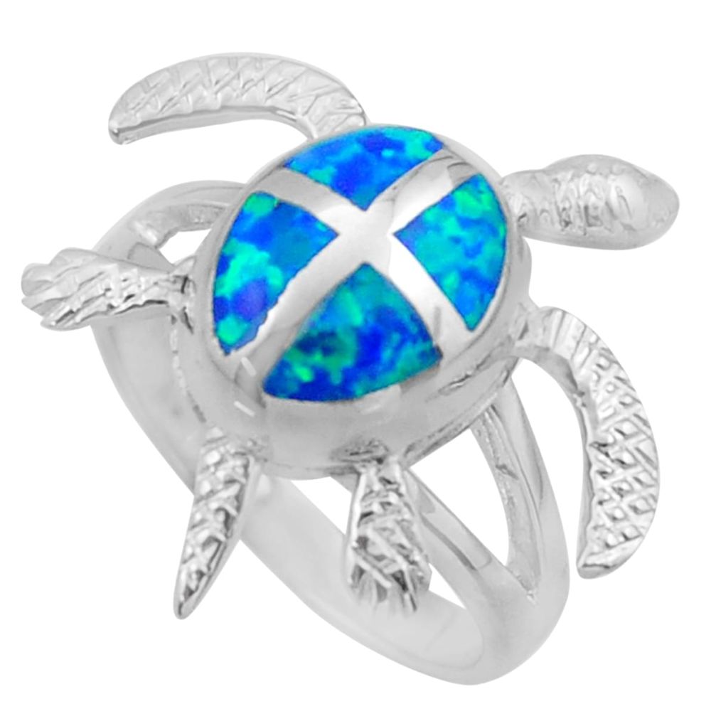7.69gms blue australian opal (lab) enamel 925 silver tortoise ring size 8 c26241