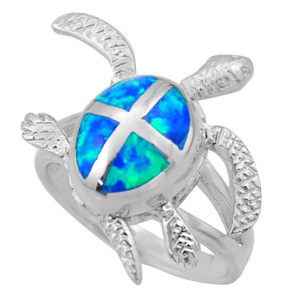 8.04gms blue australian opal (lab) enamel 925 silver tortoise ring size 8 c26242