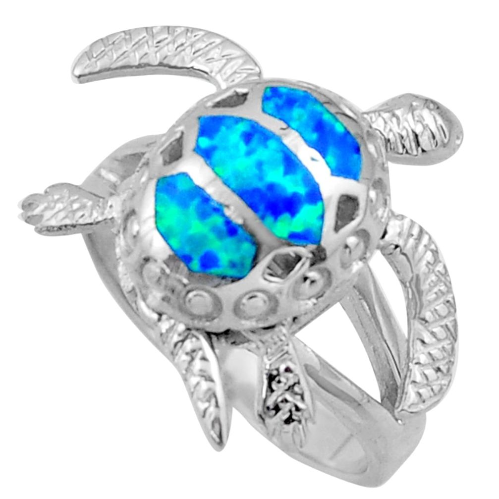 7.26gms blue australian opal (lab) enamel 925 silver tortoise ring size 8 c26245