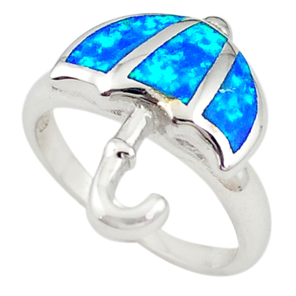LAB Blue australian opal (lab) enamel silver umbrella ring size 7.5 a72390 c24473
