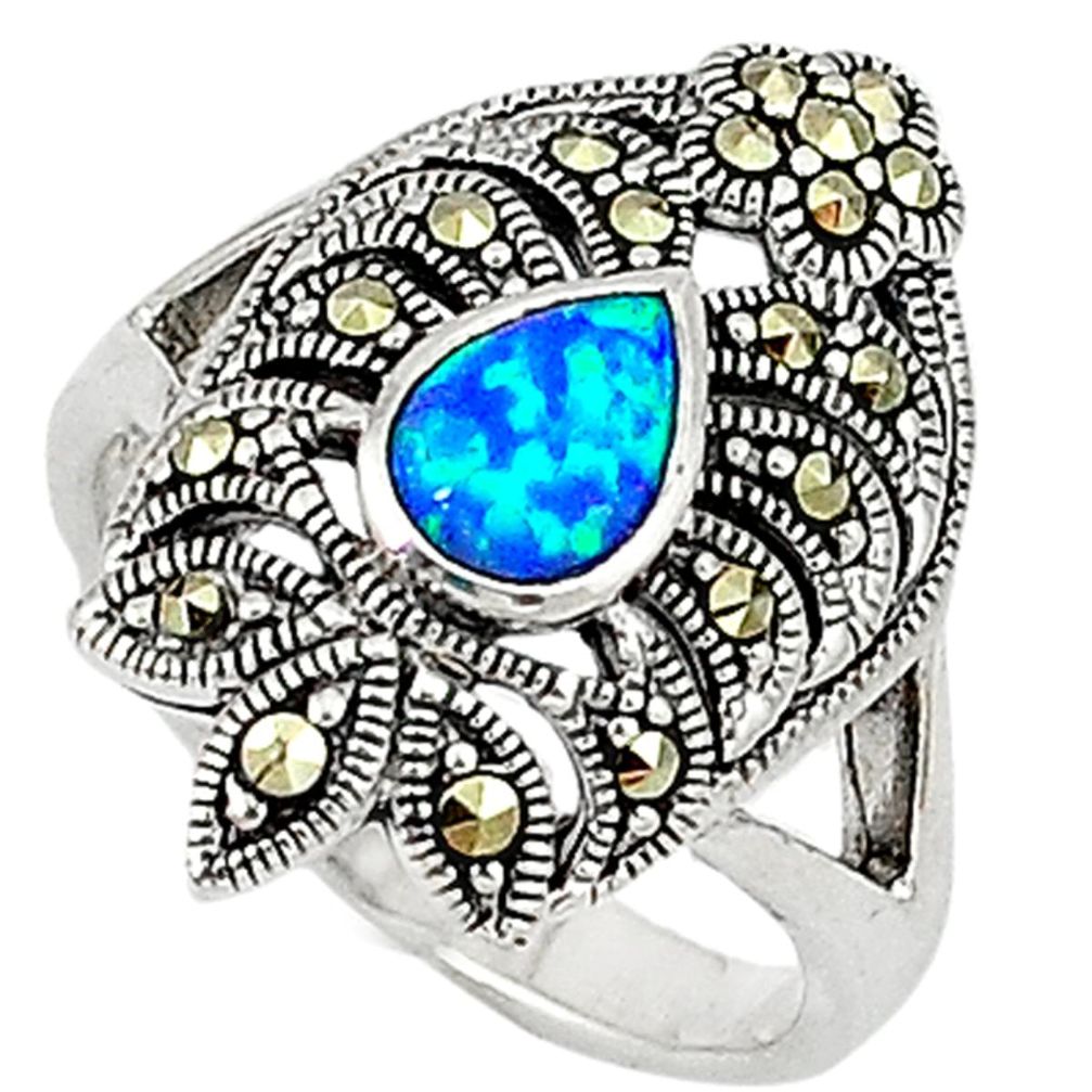 Blue australian opal (lab) marcasite 925 silver ring jewelry size 6.5 c17521