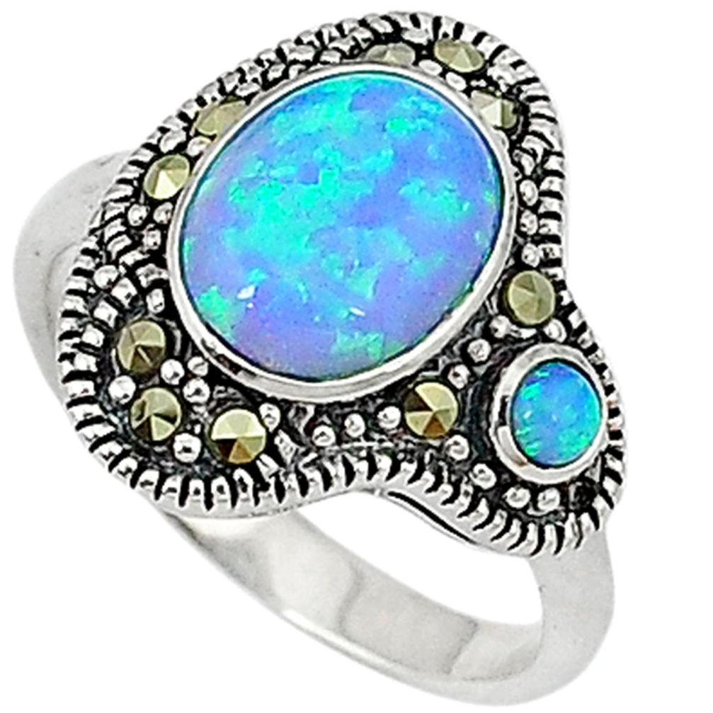 Blue australian opal (lab) marcasite 925 silver ring jewelry size 7.5 c17540