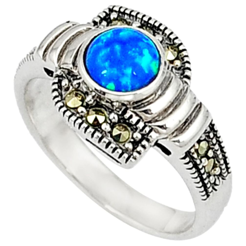 Blue australian opal (lab) marcasite 925 silver ring jewelry size 7.5 c17533