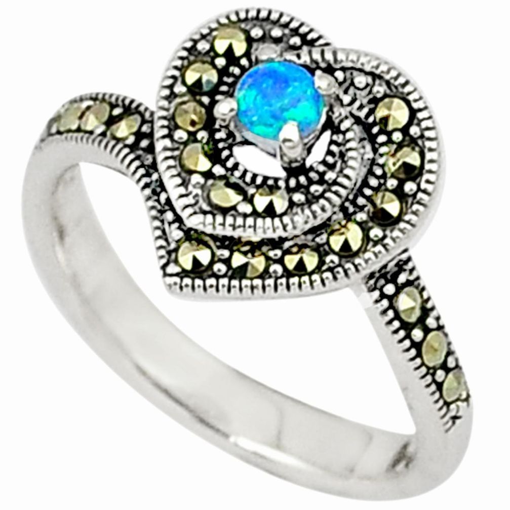 Blue australian opal (lab) marcasite 925 silver ring jewelry size 7.5 c17534