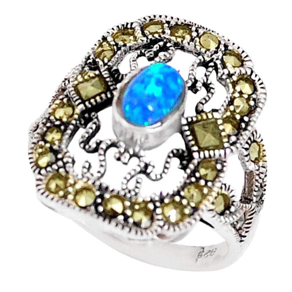 0.85cts blue australian opal (lab) marcasite 925 silver ring size 5.5 c20798