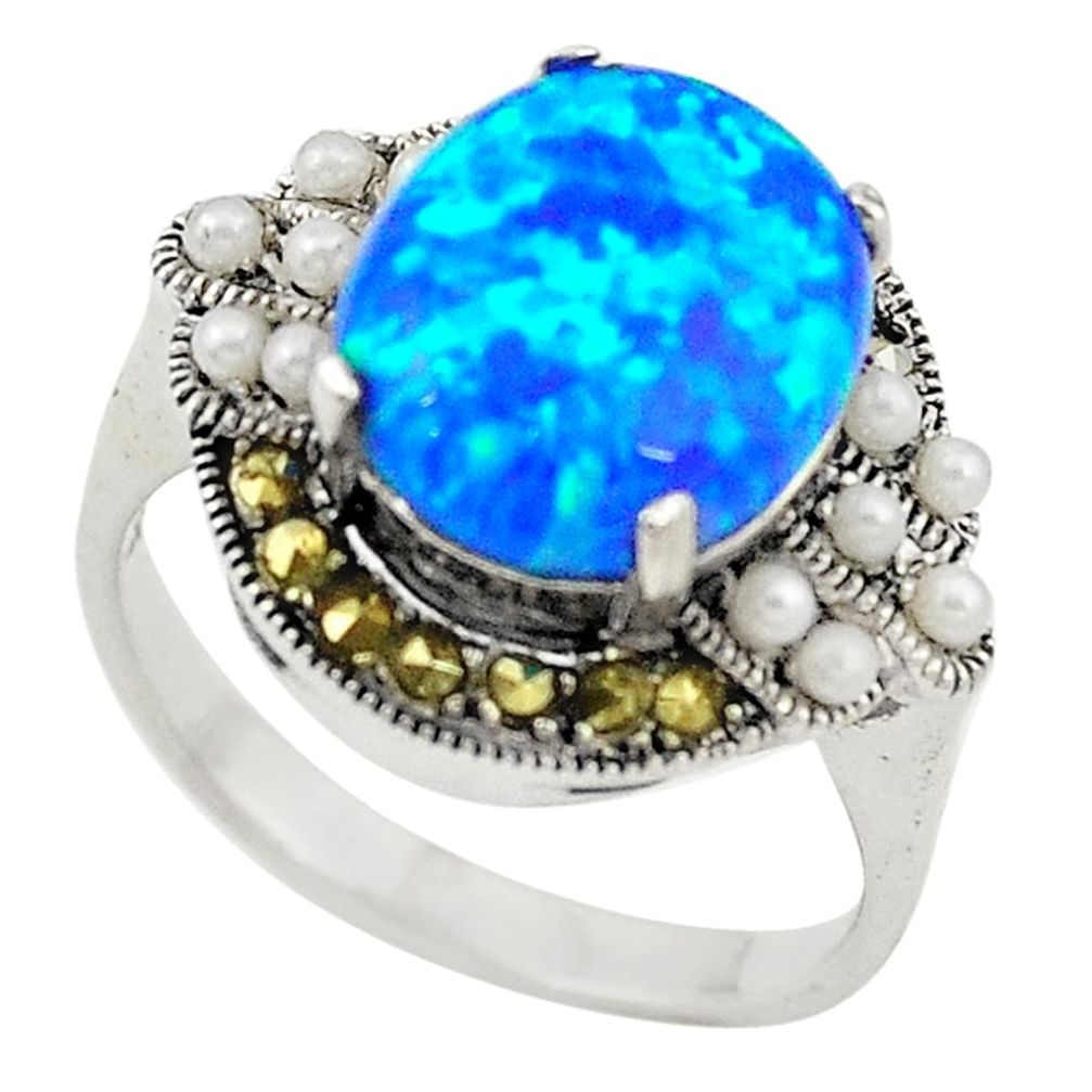 Blue australian opal (lab) marcasite 925 silver ring jewelry size 6.5 c21881