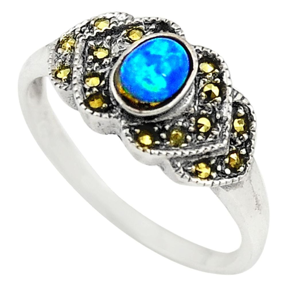Blue australian opal (lab) marcasite 925 silver ring jewelry size 8.5 c21895