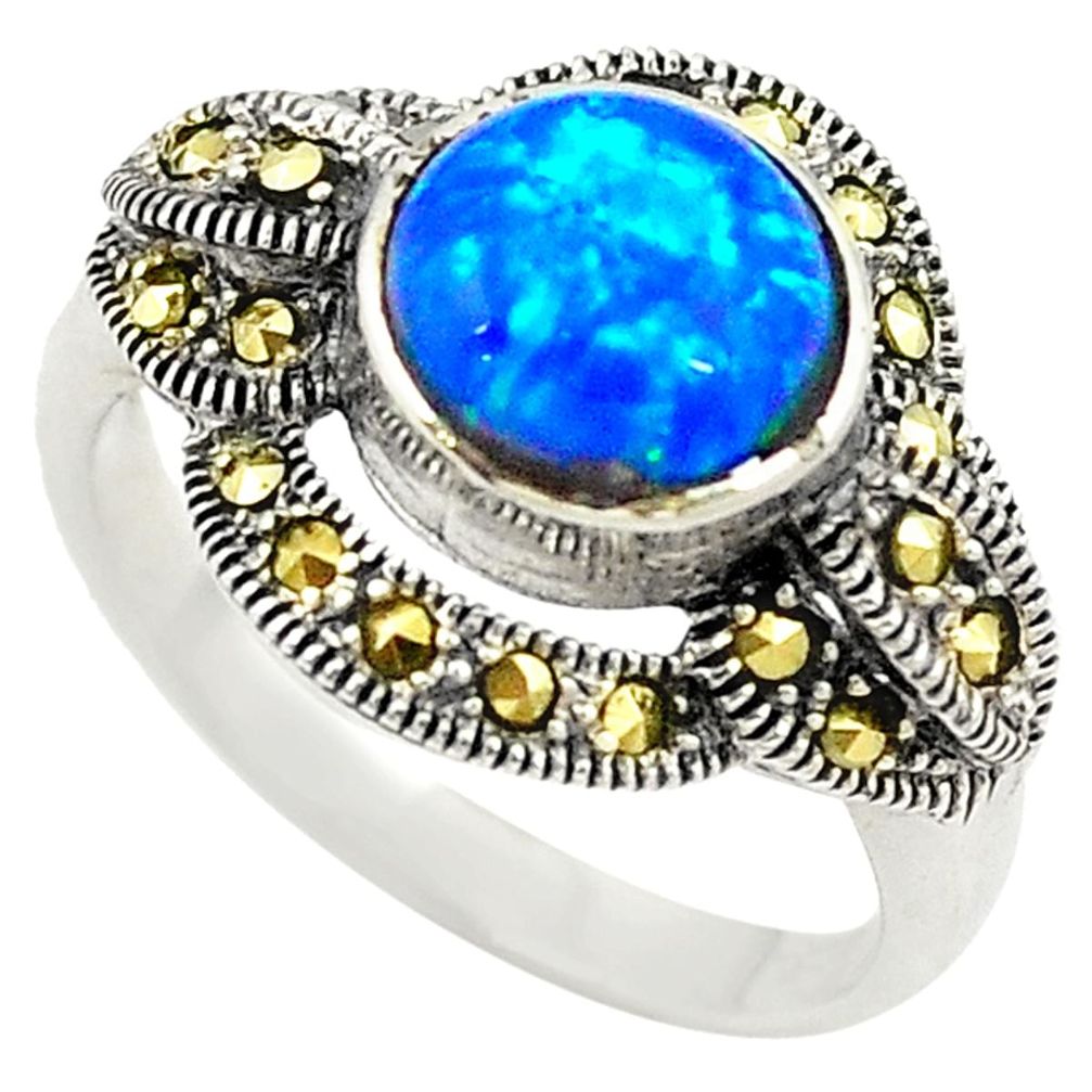 Blue australian opal (lab) marcasite 925 sterling silver ring size 6.5 c21891