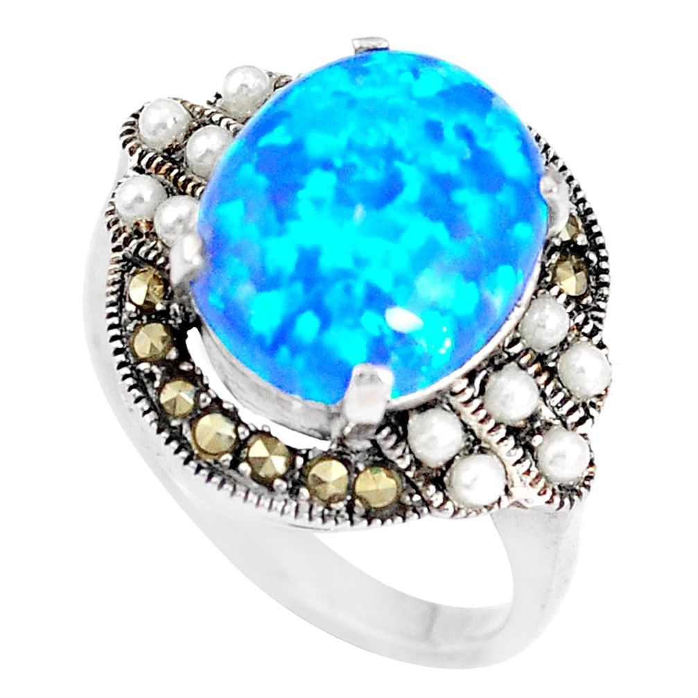 5.27cts blue australian opal (lab) marcasite silver ring size 5.5 a92846 c24430