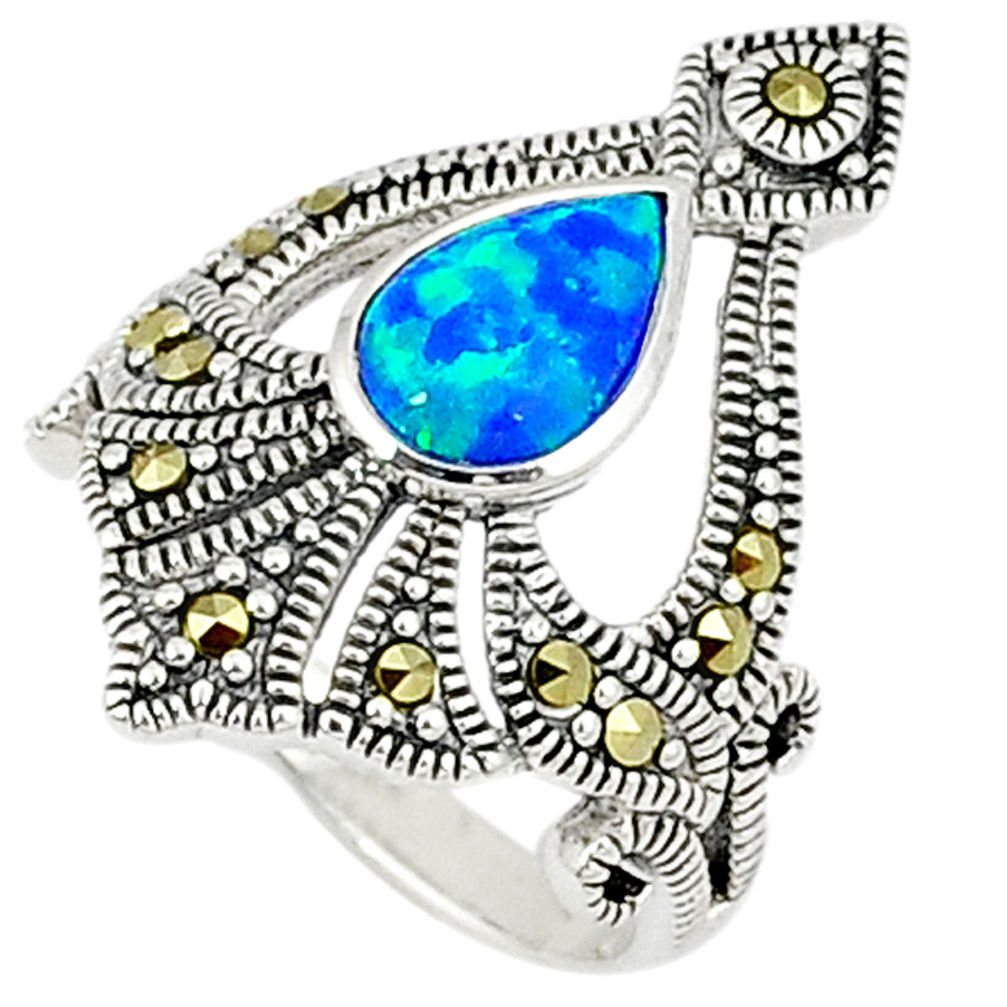 LAB Blue australian opal (lab) marcasite 925 silver ring jewelry size 6 c17532