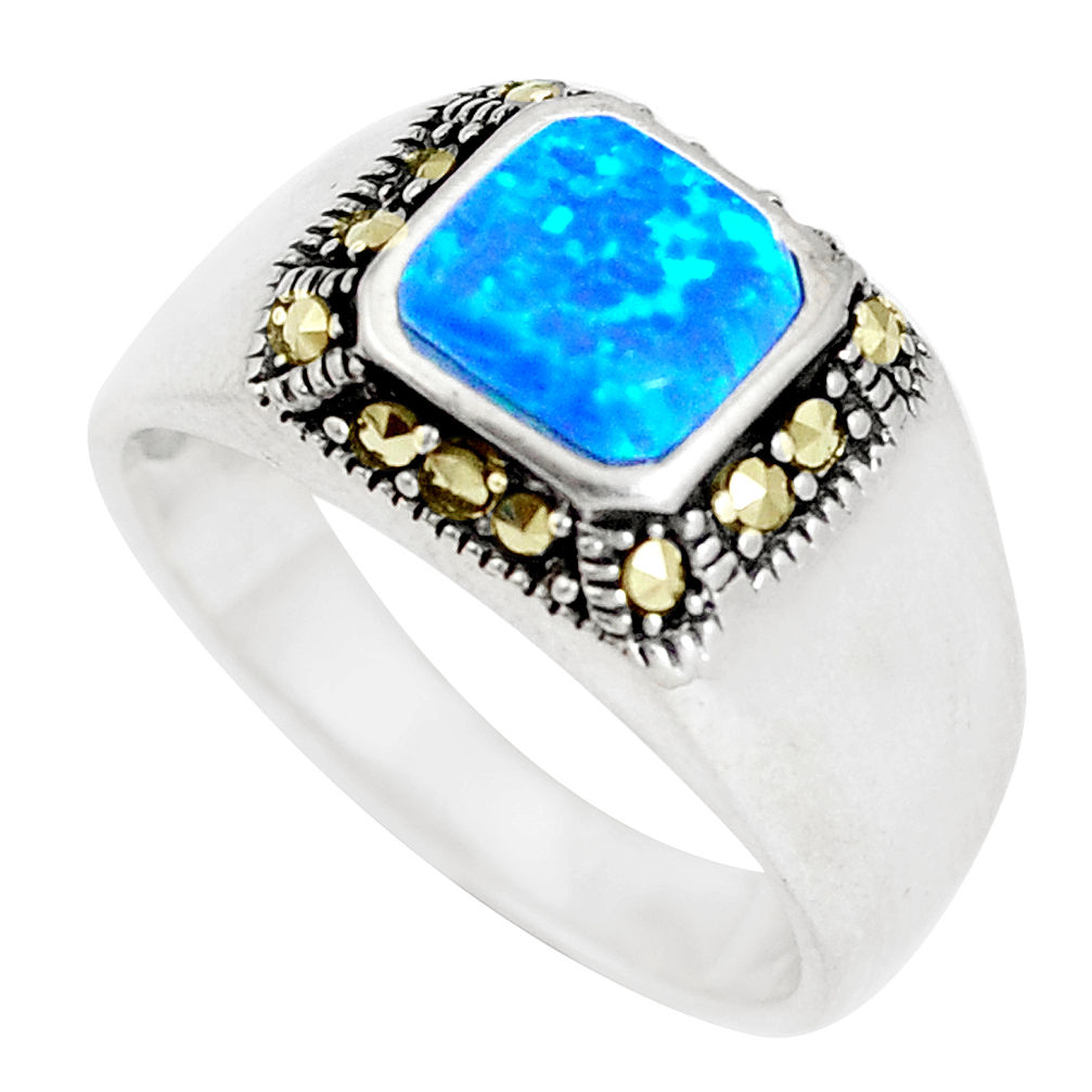 1.01cts blue australian opal (lab) marcasite silver ring size 7 a92850 c24486