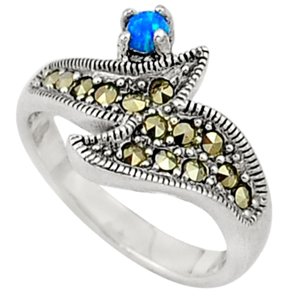 Blue australian opal (lab) marcasite 925 sterling silver ring size 6 c17526