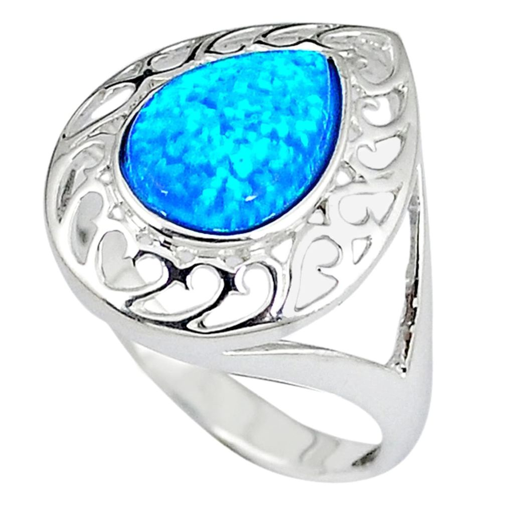 Blue australian opal (lab) pear 925 sterling silver ring jewelry size 8 c15753