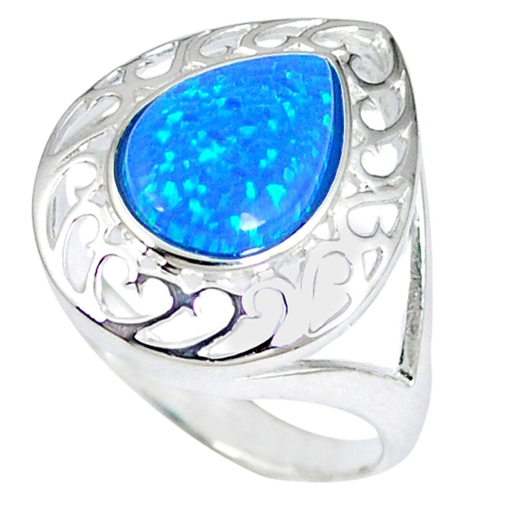 Blue australian opal (lab) pear 925 sterling silver ring size 8 c15745
