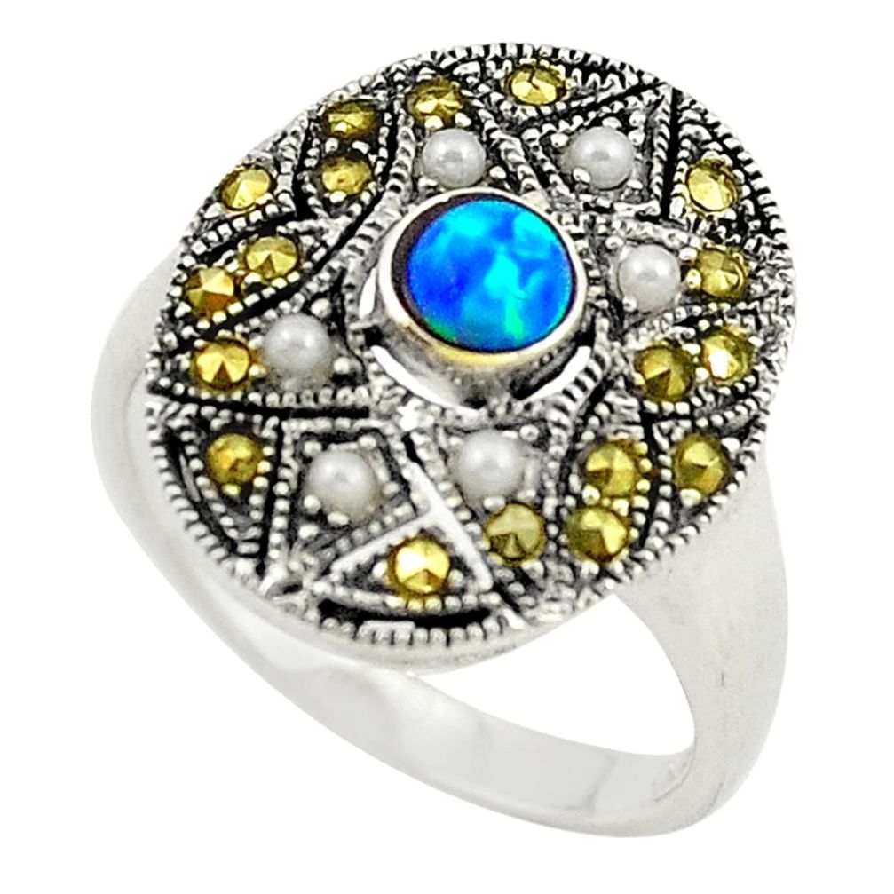 Blue australian opal (lab) round marcasite 925 silver ring size 6.5 c21886