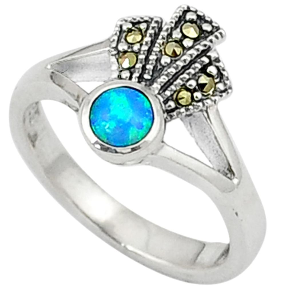 Blue australian opal (lab) round marcasite 925 silver ring size 6.5 c17465
